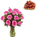 12 Pink Roses In A Vase And 1Kg Gulab Jamun